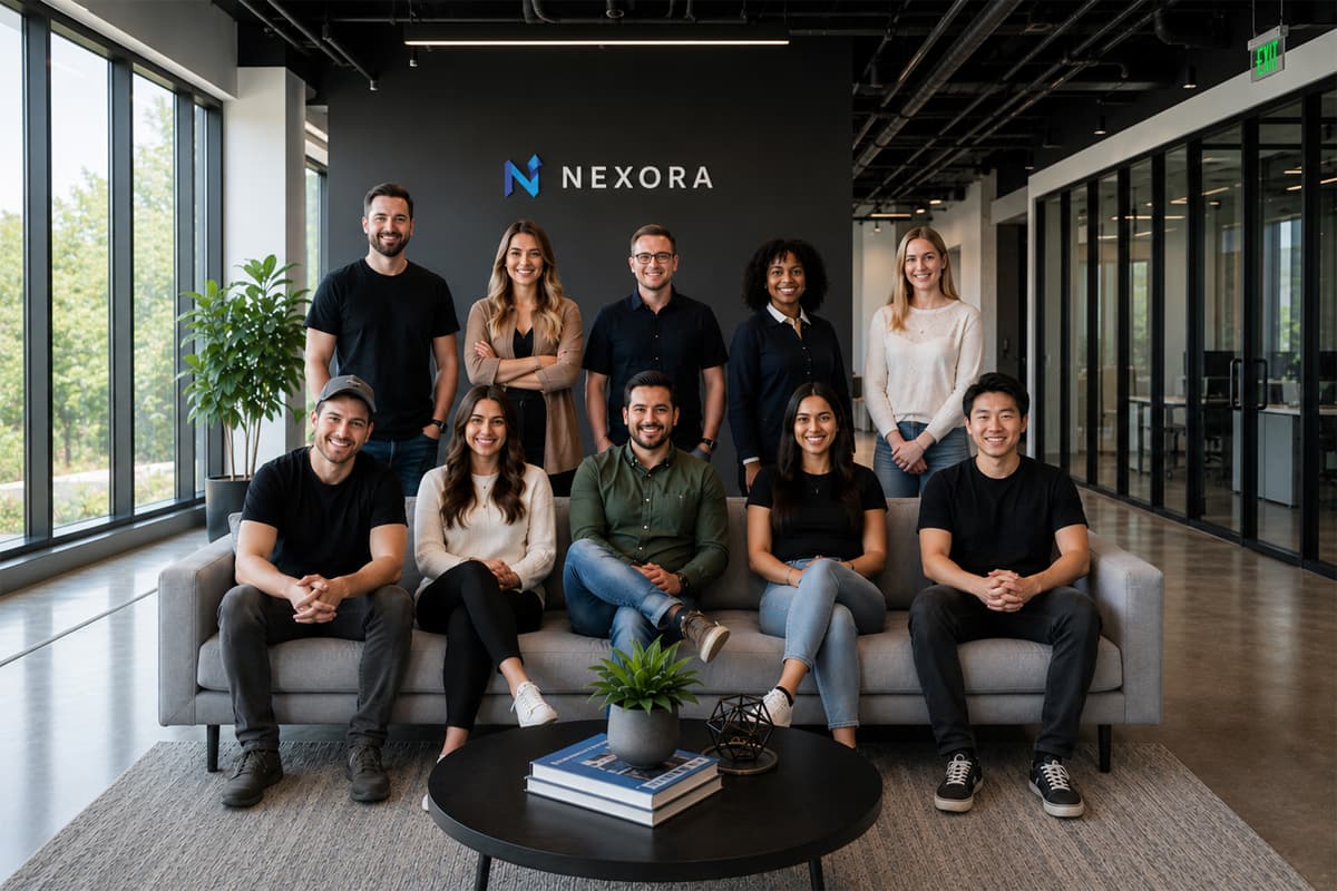 Ten-person team posed around a sofa in a modern open-plan office